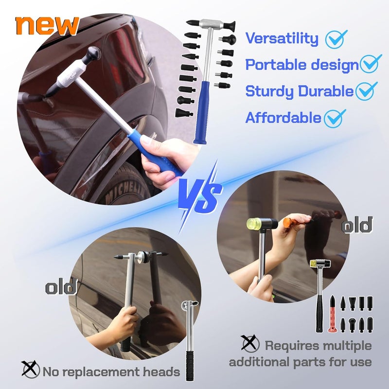 Super PDR Auto Body Hammer Tools Set - Aluminum Dent Hammer, Body Repair Dent Removal Tools, Paintless Dent Repair Hammer with 15Pcs Head the Head for Auto Body DIY Dent Fix - Image 2